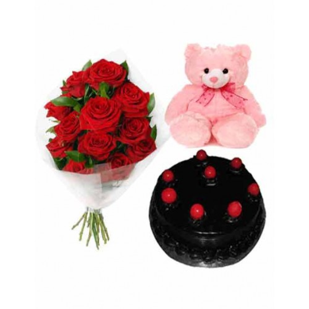 Half Kg Chocolate Cake With Red Roses N Teddy