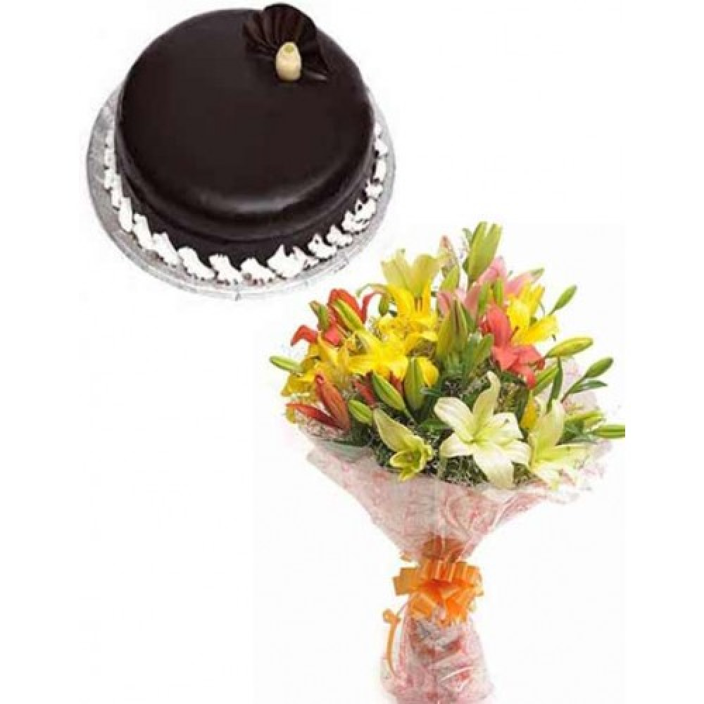 Mix Lilies Bouquet and Half Kg Chocolate Cake 