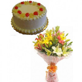 Mix Lilies Flowers and Half Kg Cake