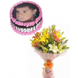 Mix Lilies Bouquet With Photo Cake